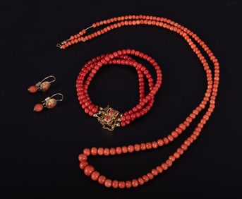 Antique Coral Parure Includes Bracelet, Necklace & Earrings
