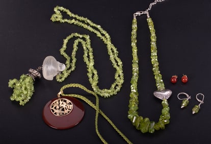 Collection of Peridot and Carnelian Necklaces with Earrings