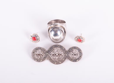 Sterling Ring along with Sterling Coral Earrings & Sterling Marcasite Brooch