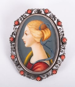 Miniature Portrait set in 800 Silver with Coral Beads