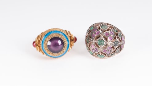 Vermeil Enameled Chinese Ring Paired with a Sterling Ruby & Emerald Ring