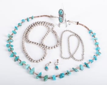 Two Sterling Silver Bead Necklaces, One Turquoise and Keshi Bead Necklace, One Turquoise Ring and
