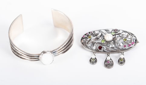 Sterling Cuff with Opal Paired with Unusual Sterling Brooch