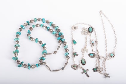 Sterling Charm Necklace paired with a Turquoise/Silver Tone Necklace