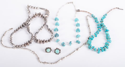 Two Sterling Silver Bead Necklaces, Two Turquoise Bead Necklaces and Pair of Turquoise and Sterling