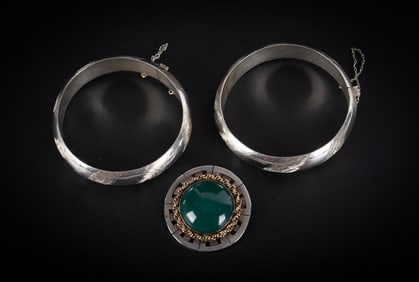 Sterling Engraved Bangles plus a Mexican Sterling Brooch