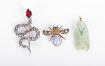Jade Cicada Pendant along with a Brass Bug Pin & Snake Brooch