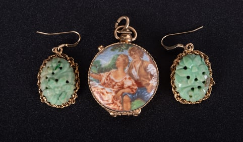 Vintage Kiefer Ladies Watch Pendant along with Jade Earrings