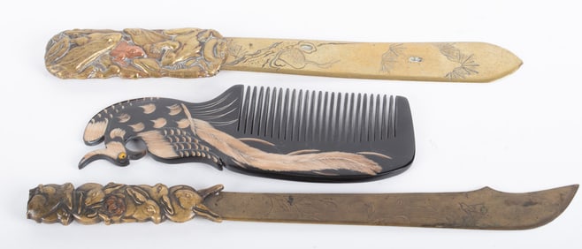 Japanese Figural Letter Openers and a Phoenix Comb