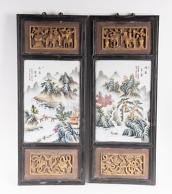 Pair of Chinese Porcelain and Carved Wood Wall Plaques