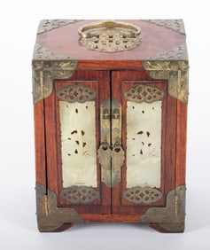 A Diminutive Chinese Wood and Jade Jewelry Chest