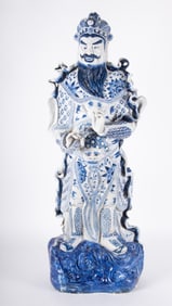 A Large Chinese Blue and White Porcelain Figure of an Immortal Warrior