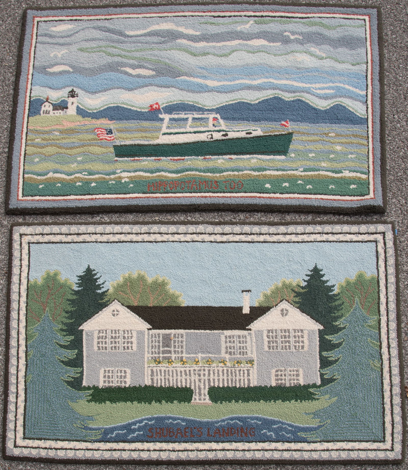Two McAdoo Hand Dyed Hook Rugs: Shubael's Landing, and Hippopatomus Too, 1993 (1 of 4)
