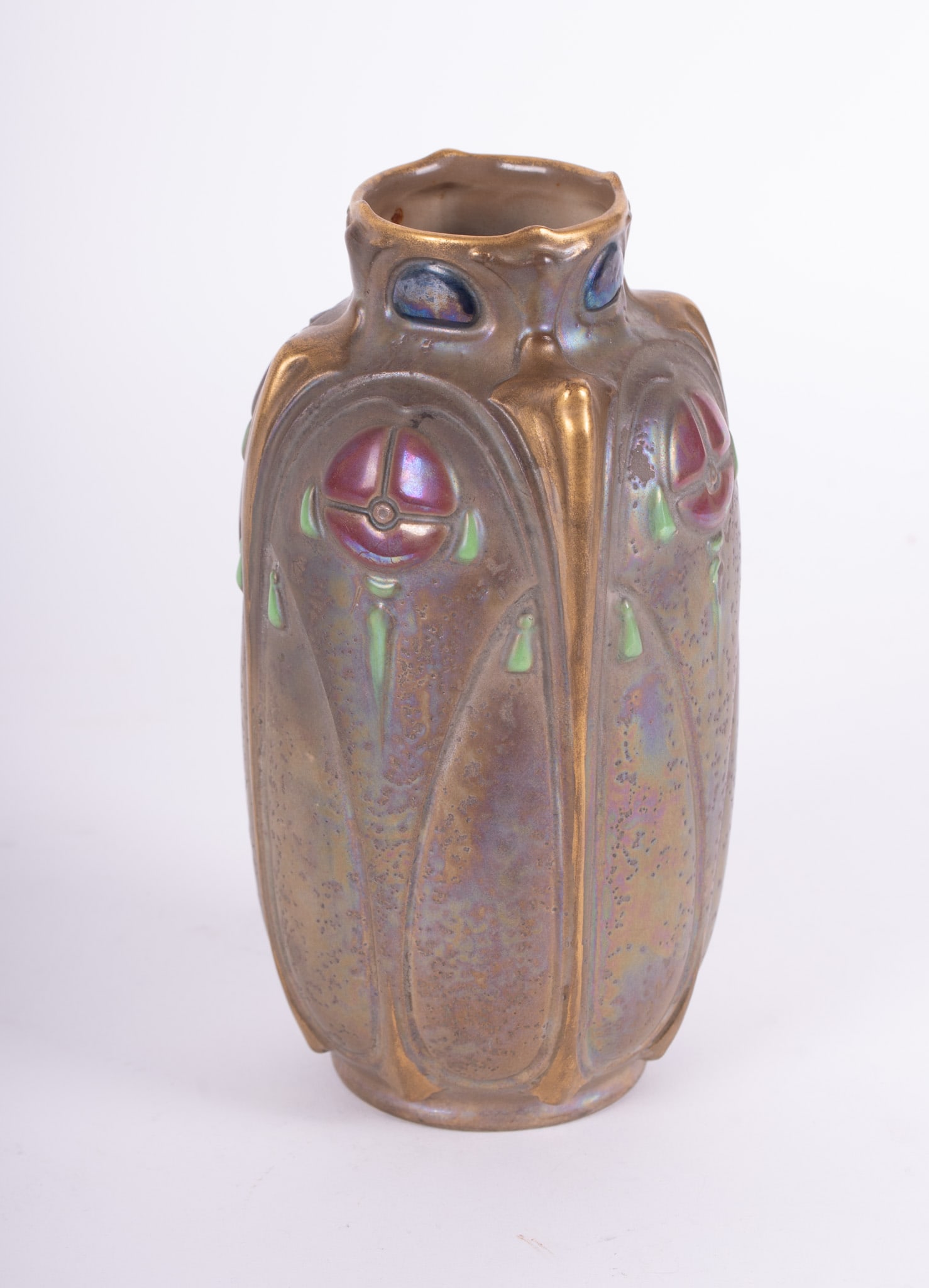 Ernst Wahliss Turn Vienna Art Nouveau Vase, Circa 1900: Ernst Wahliss Turn Vienna Art Nouveau Vase, Circa 1900Matte earthy glaze with raised decorative elements in gold, turquoise, iridescent reds and black. Marked on the base with the red crown shield Tur