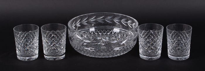 Four Waterford Powerscourt Double Old Fashioned Tumblers and a Waterford Bowl