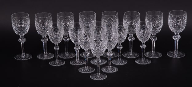 A Set of Sixteen Crystal Claret and White Wine Goblets, Powerscourt by Waterford