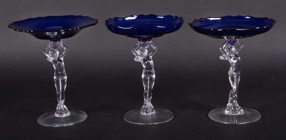 Three Cambridge Royal Blue Nude Stem Compotes