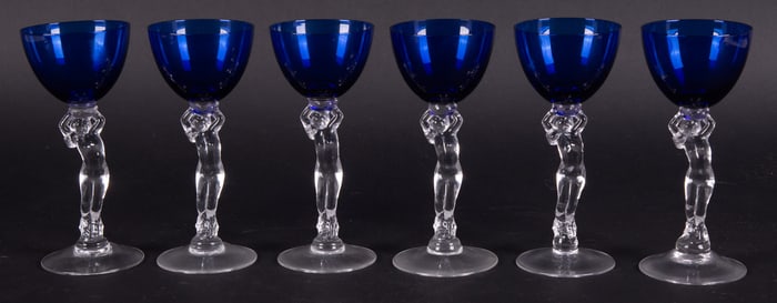 A Set of Six Cambridge Royal Blue Nude Stem Wine Glasses