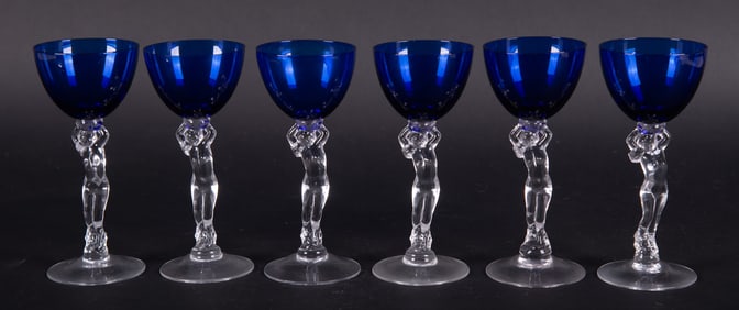 A Set of Six Cambridge Royal Blue Nude Stem Wine Glasses