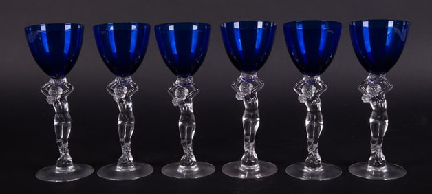 A Set of Six Cambridge Royal Blue Nude Stem Claret Wine Glasses