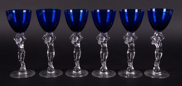 A Set of Six Cambridge Royal Blue Nude Stem Claret Wine Glasses