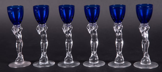 A Set of Six Cambridge Royal Blue Nude Stem Liquor Cordials or Brandys