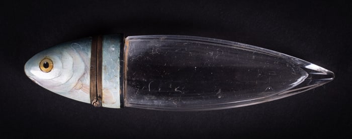 A Continental Rock Crystal and Enameled Sterling Silver Fish Flacon