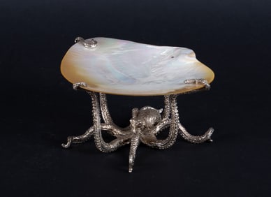 Polished Mother of Pearl Shell with Silver Plate Octopus Stand