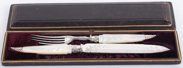 A Set of Fine Victorian Mother of Pearl and Plated Silver Cake Servers