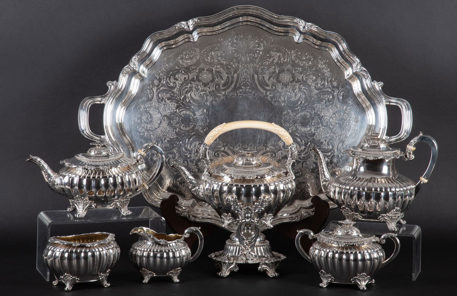 A Fine Gorham Sterling Silver Coffee and Tea Service: A Fine Gorham Sterling Silver Coffee and Tea ServiceProvidence RI, an extraordinary sterling silver tea set produced by Gorham, style 2340, each piece having acanthus and shell form feet, with curved