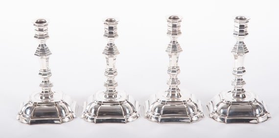 A Matched Set of Four 18th Century Style Plated Silver Candlesticks