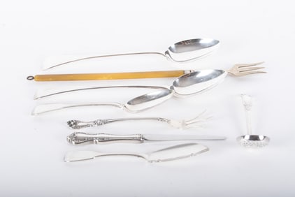 Collection of Eight Antique Sterling and Plate Serving Pieces Includes English William Eley and