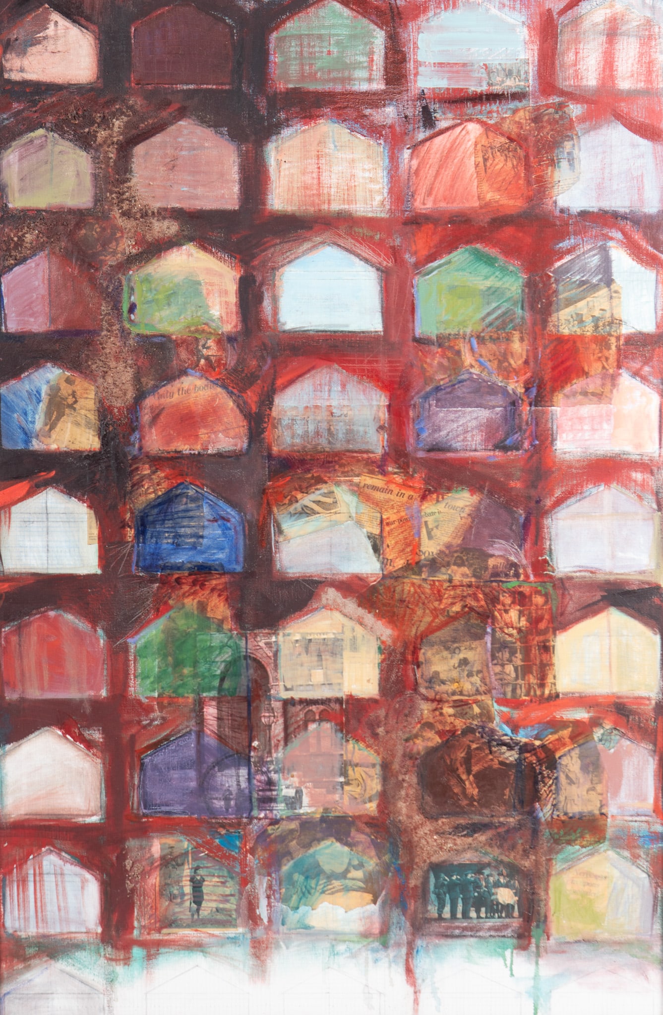 Rosalind Bloom, 20th-21st Century, House Hunting #1, Mixed media on canvas: Rosalind Bloom 20th-21st Century House Hunting #1 Mixed media on canvas Signed with title and date verso, framed. 60 x 40 inches; 62 x 42 inches (overall with frame)