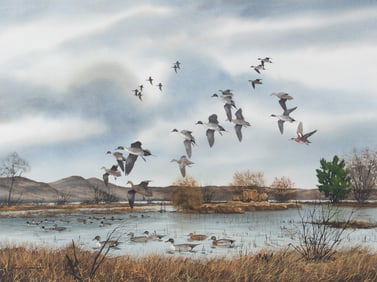 David Hagerbaumer, California, Illinois (1921-2014), Ducks in Flight, 1988, watercolor on paper