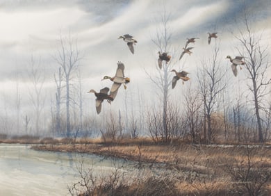 David Hagerbaumer, California, Illinois (1921-2014), Ducks Landing, watercolor on paper