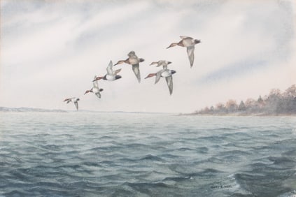 Gary Neel, American fl. 1970s, Ducks over a Lake, watercolor on paper