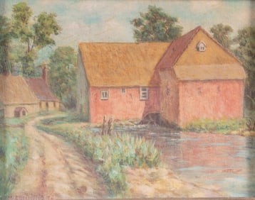 M. Cummins, American 20th Century, Mill House, oil on canvas board