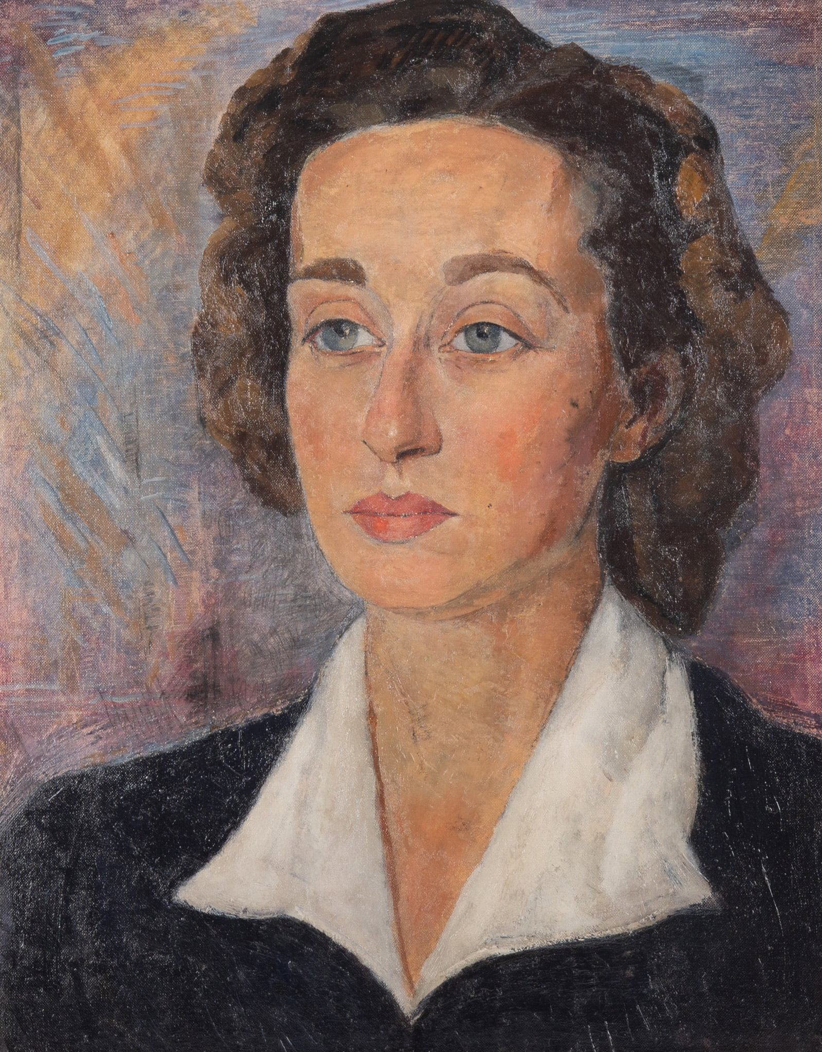 Tanasko Milovich, Missouri (1900-1964), Bust Length Portrait of a Woman, 1943, oil on canvas board: Tanasko Milovich Missouri, (1900-1964) Bust Length Portrait of a Woman, 1943 oil on canvas board signed and dated verso, framed. 20 x 16 inches; 25 x 21 inches (overall with frame)