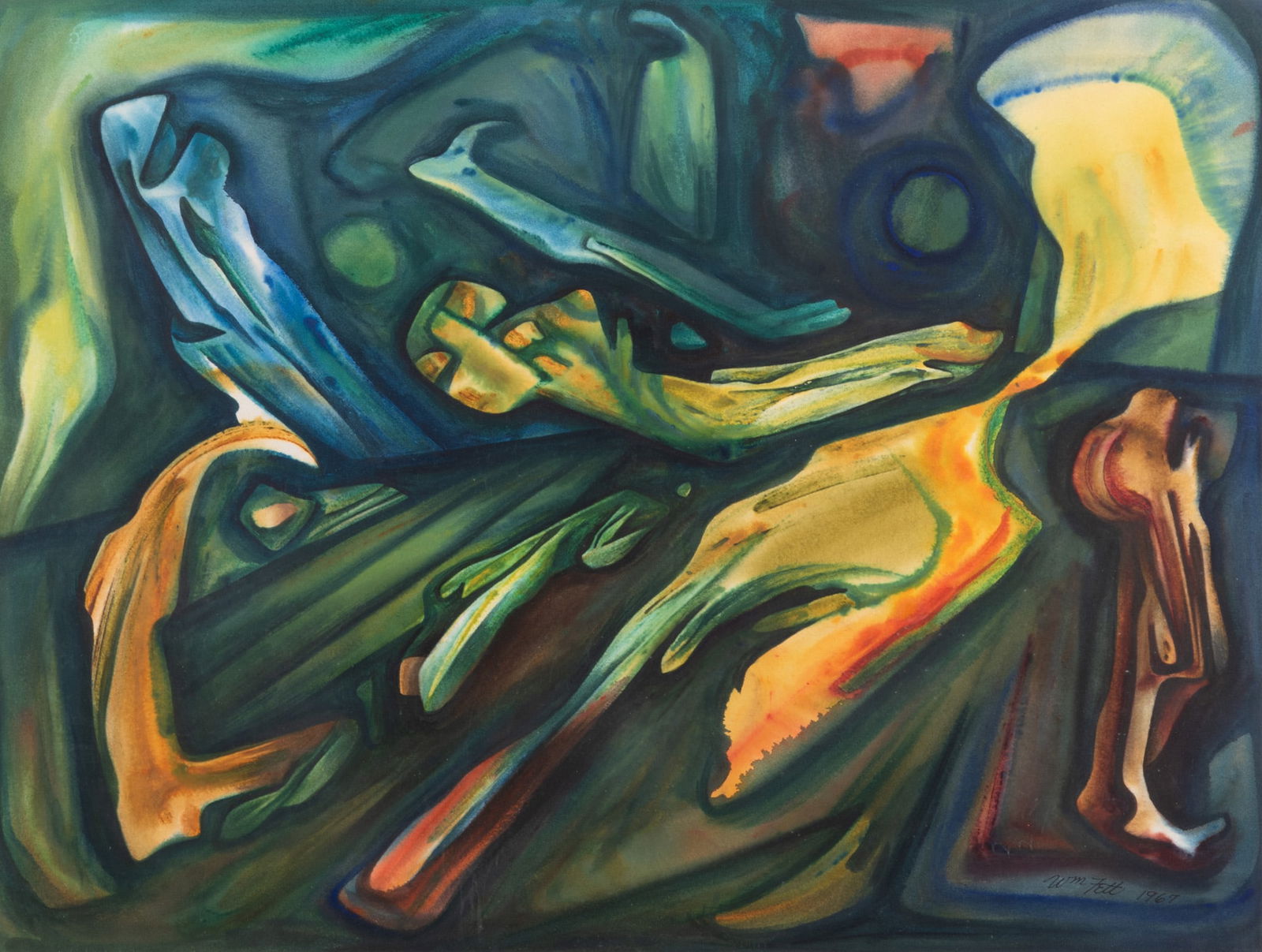 William Frederick Fett, Missouri, Michigan / Mexico (1918-2006), The Airport, 1967, watercolor on: William Frederick FettMissouri, Michigan / Mexico, (1918-2006)The Airport, 1967watercolor on papersigned and dated lower right, gilt-framed.Label verso: Watercolor U.S.A., 1968, Art School - Washingt