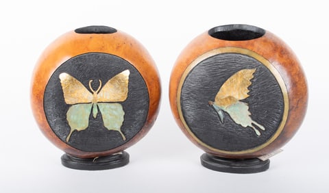 Marilyn Peterie Carved Gourd Vases with Butterfly Motif