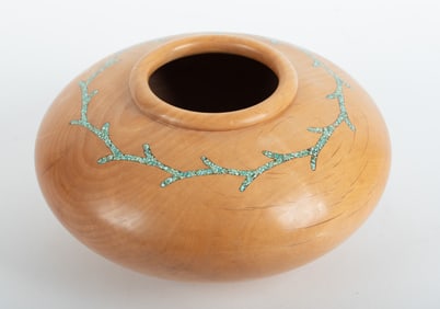 Wooden Bowl Signed Red Alder with Mosaic Turquoise Inlaid