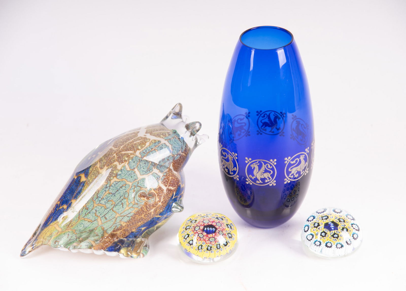 Four Pieces of Murano Glass: Four Pieces of Murano Glassa conch shell, a vase, and two millefiore paperweights.9 1/4 x 4 1/4 inches (blue)