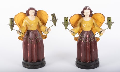 A Pair of German Hand-carved and Painted Folk Art Christmas Angels (Leuchterengel)