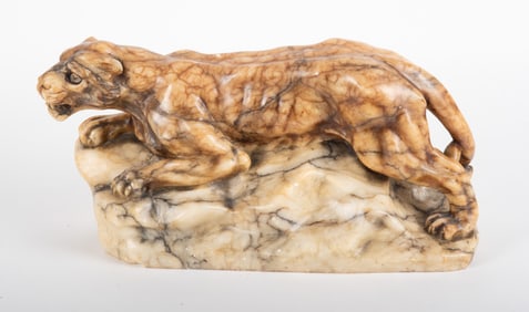 A Carved Alabaster Sculpture of a Lioness, After Cartier, Circa 1920