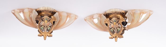 Pair of Art Deco Two Light Flush Mount Lighting Fixtures