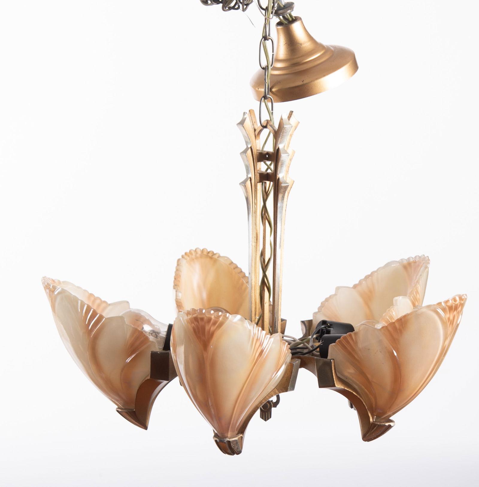 Art Deco Batwing Light Fixture: Art Deco Batwing Light Fixture5 light fixture. C.1930, This piece boasts its original finish along with 5 beautiful Clam Shell Slip Shades plus one extra.14 1/2 x 19 inches (fixture); 42 inch long cha