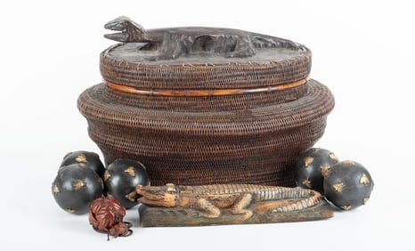 Collection of Eight Carved Wooden Decorative Items featuring a Komodo Dragon Lidded Basket
