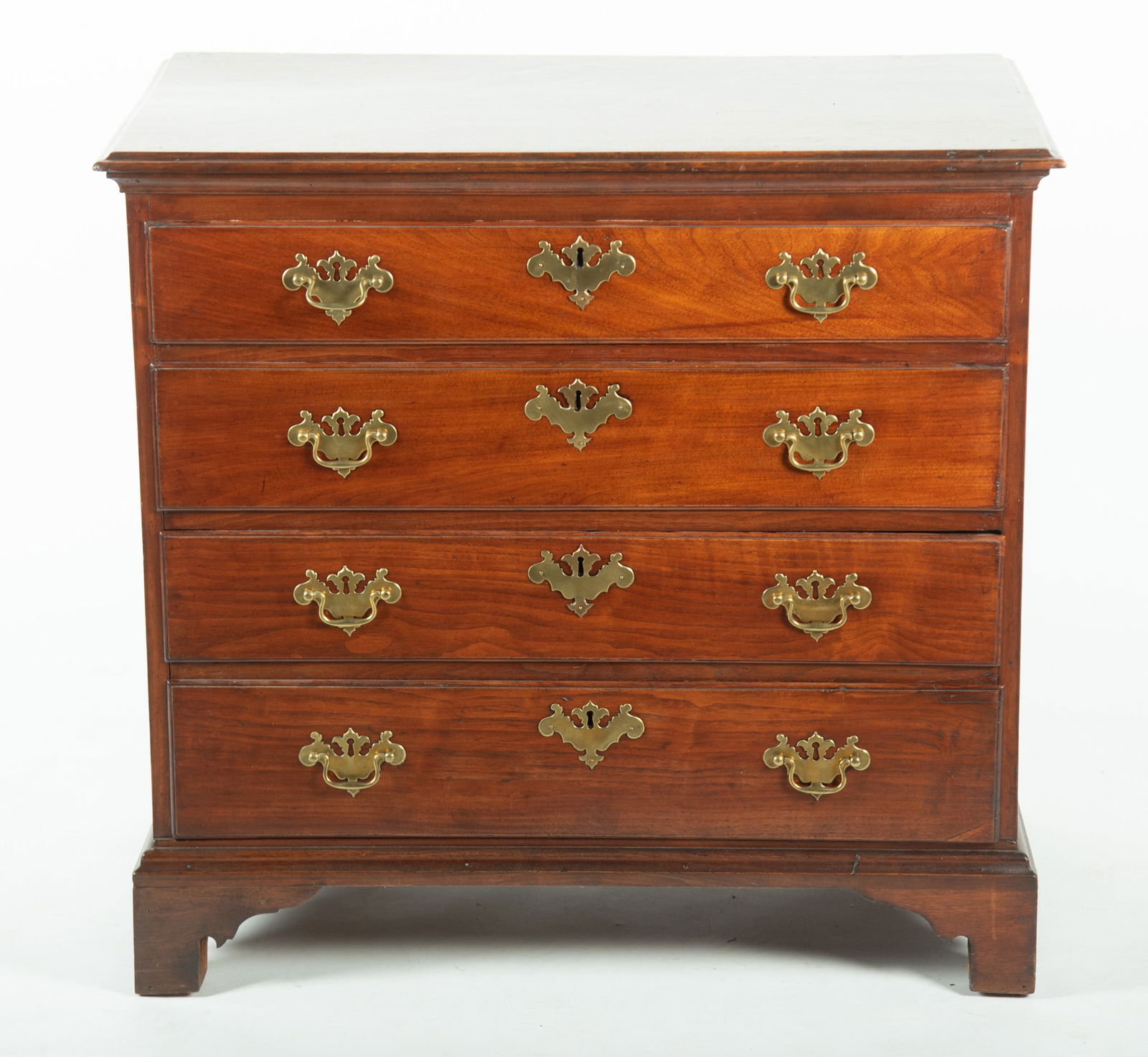 Antique English Georgian Chest: Antique English Georgian ChestRectangular top above four graduating long drawers with swan neck pulls ending on shaped bracket feet.33 x 35 x 20 inches
