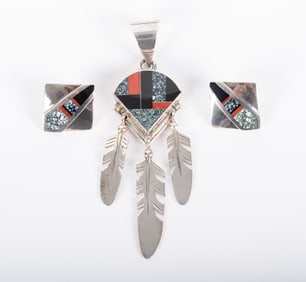 Ray Tracey Inlaid Feather Pendant with Matching Earrings