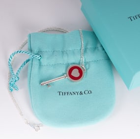 Tiffany & Co Sterling Silver Red Heart Key Pendant